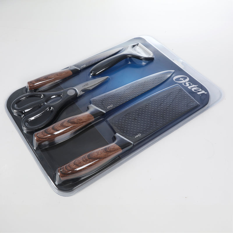 Oster Gunderson 6pc Stainless Steel Cutlery Set w/ Black Cutting Board - Black Textured Nonstick Blade - ABS Bolster/PP Wood Look Handle - Clam Pack