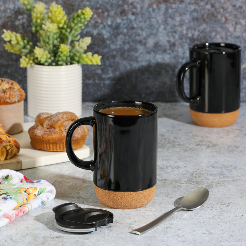 Gibson Home Modani 16.5oz Cup w/ PP Lid - Cork Base - Black & White - Solid Color - Stoneware - Color Sleeve