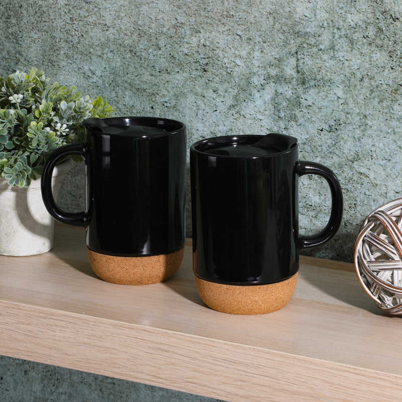 Gibson Home Modani 16.5oz Cup w/ PP Lid - Cork Base - Black & White - Solid Color - Stoneware - Color Sleeve