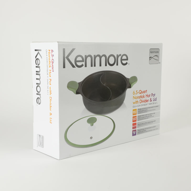 Kenmore - Theodore 6.5qt Cast Aluminum Hot Pot w/ Divider & Lid - Nonstick - Glass Lid w/ Silicon Rim - Induction Base - Soft Touch Handle - GBX w/ Remailer