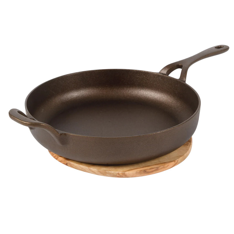 Bloomhouse 12" Preseason Plus Cast Iron Skillet w/ Wooden Trivet - Olive Oil - Gift Box w/ Remailer