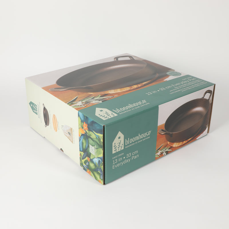 Bloomhouse 13" Preseason Plus Cast Iron Everday Pan w/ Wooden Trivet - Preseasoned Plus - GBX w/ RM