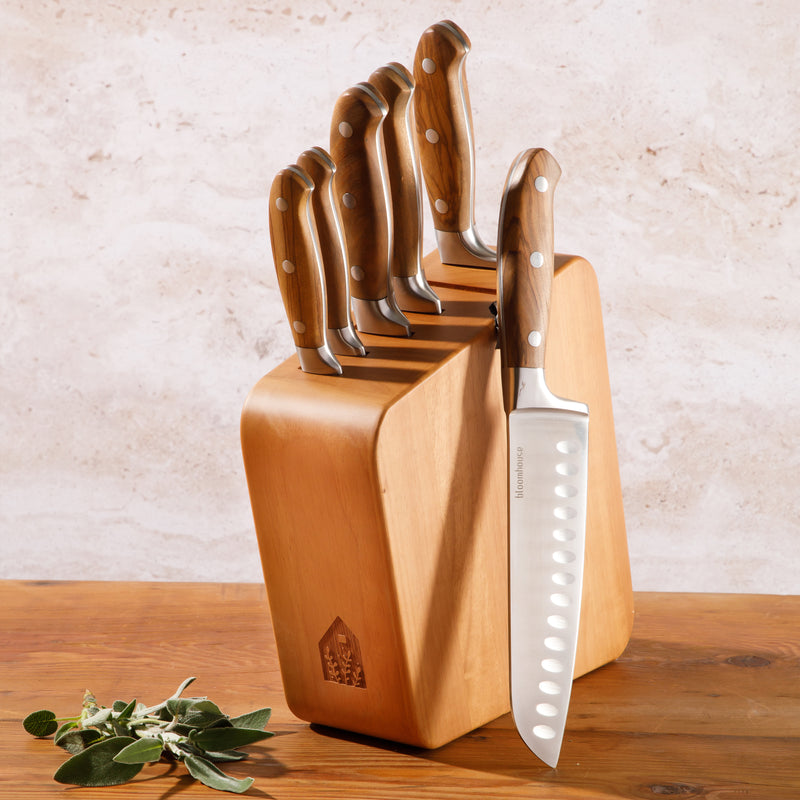 Bloomhouse 7pc German Steel Cutlery Set w/ Wood Block - Olive Wood Forged Handle - Stainless Steel - Gift Box w/ Remailer