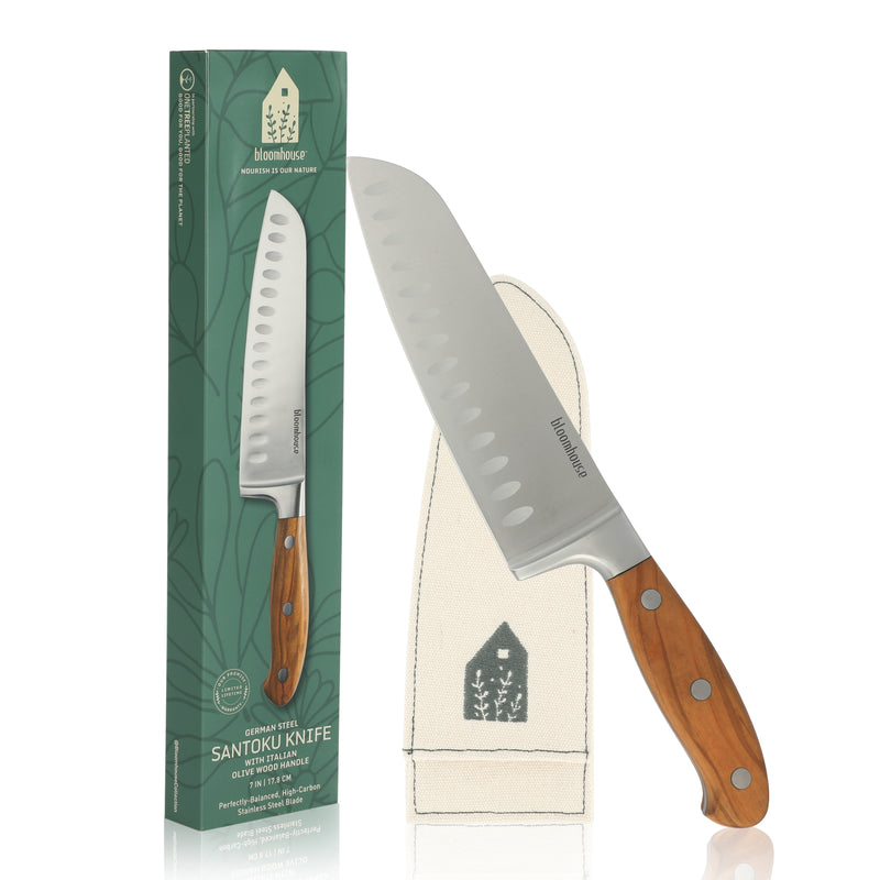 Bloomhouse 7" German Steel Santoku Knife - Olive Wood Forged Handle - Stainless Steel - Gift Box w/ Remailer
