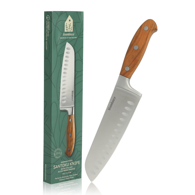 Bloomhouse 7" German Steel Santoku Knife - Olive Wood Forged Handle - Stainless Steel - Gift Box w/ Remailer