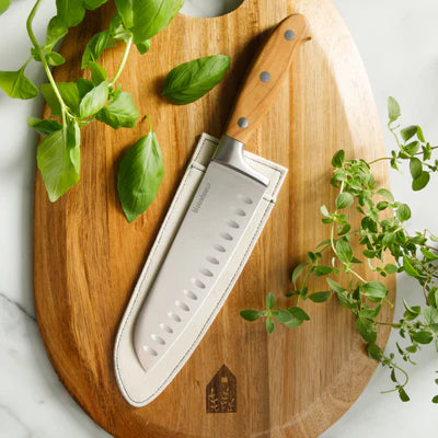 Bloomhouse 7" German Steel Santoku Knife - Olive Wood Forged Handle - Stainless Steel - Gift Box w/ Remailer