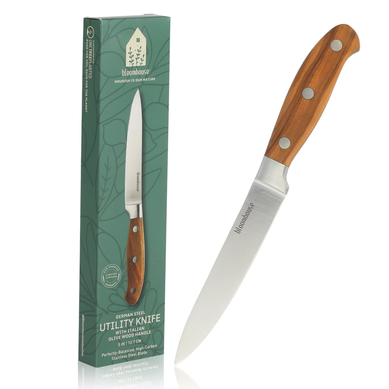 Bloomhouse 5" German Steel Utility Knife - Olive Wood Forged Handle - Stainless Steel - Gift Box w/ Remailer