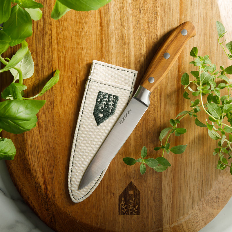 Bloomhouse 5" German Steel Utility Knife - Olive Wood Forged Handle - Stainless Steel - Gift Box w/ Remailer