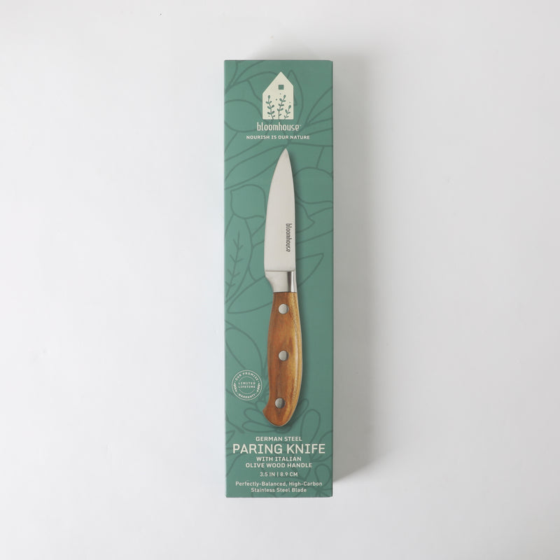 Bloomhouse 3.5" German Steel Paring Knife - Olive Wood Forged Handle - Stainless Steel - Gift Box w/ Remailer