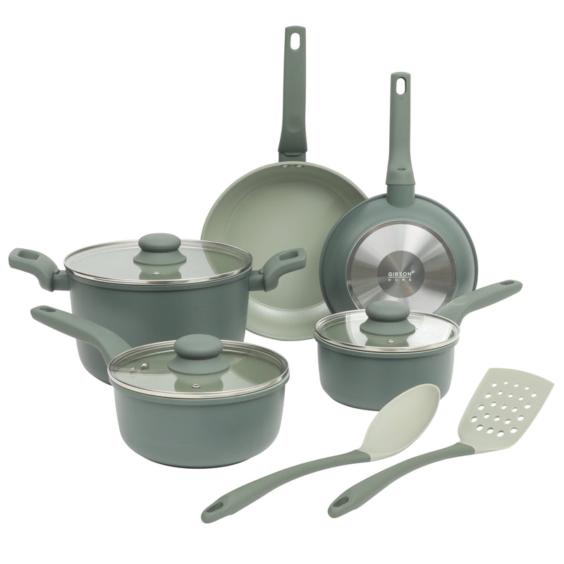 Gibson Home Barnsdall 10pc Aluminum Cookware Set w/ Kitchen Tools & Glass Lid - Grey Ceramic Nonstick Interior - Soft Touch Handle - Gift Box w/ Remailer