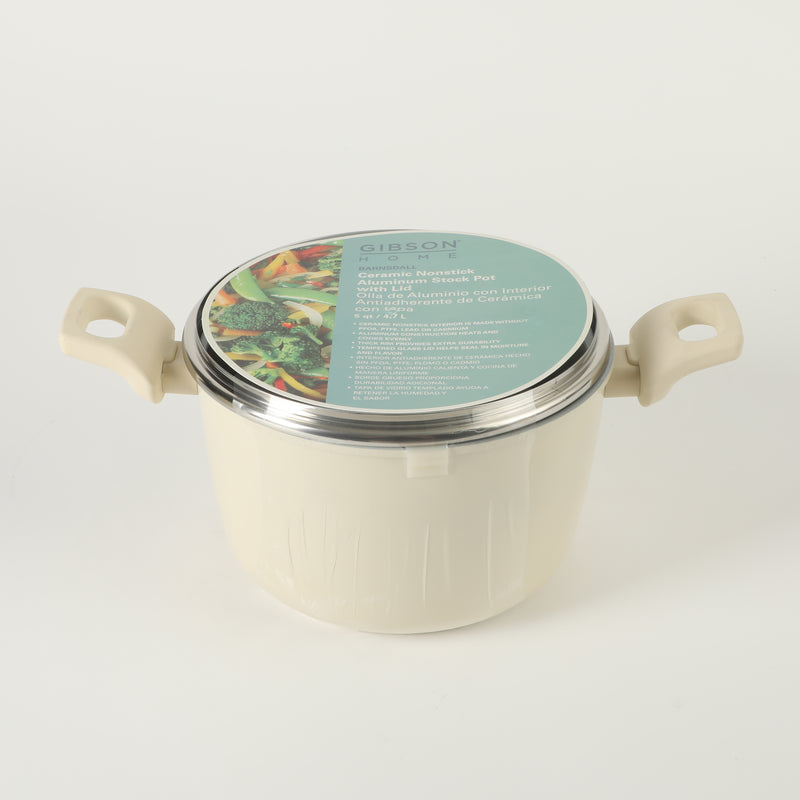 Gibson Home Barnsdall 5qt Aluminum Stock Pot w/ Glass Lid - Linen - Grey Ceramic Nonstick Interior - Soft Touch Handle - Forged Look - Color Label