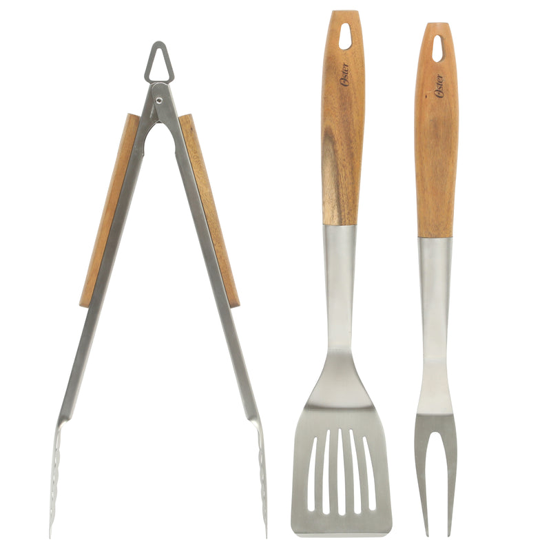 Oster Balincourt 3pc Stainless Steel BBQ Tools - Acacia Wood Handle - Color Sleeve