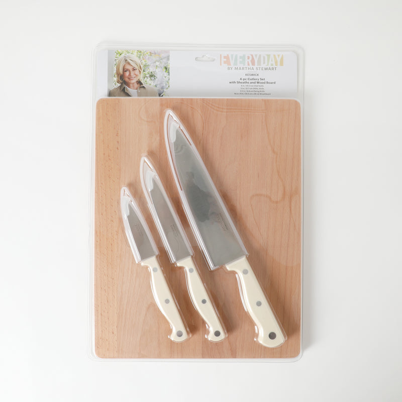 Martha Stewart Everyday Keswick 4pc Stainless Steel Cutlery Set w/ Sheaths & Wood Cutting Board - Linen - Pistol Grip PP Handle - Clam Pack