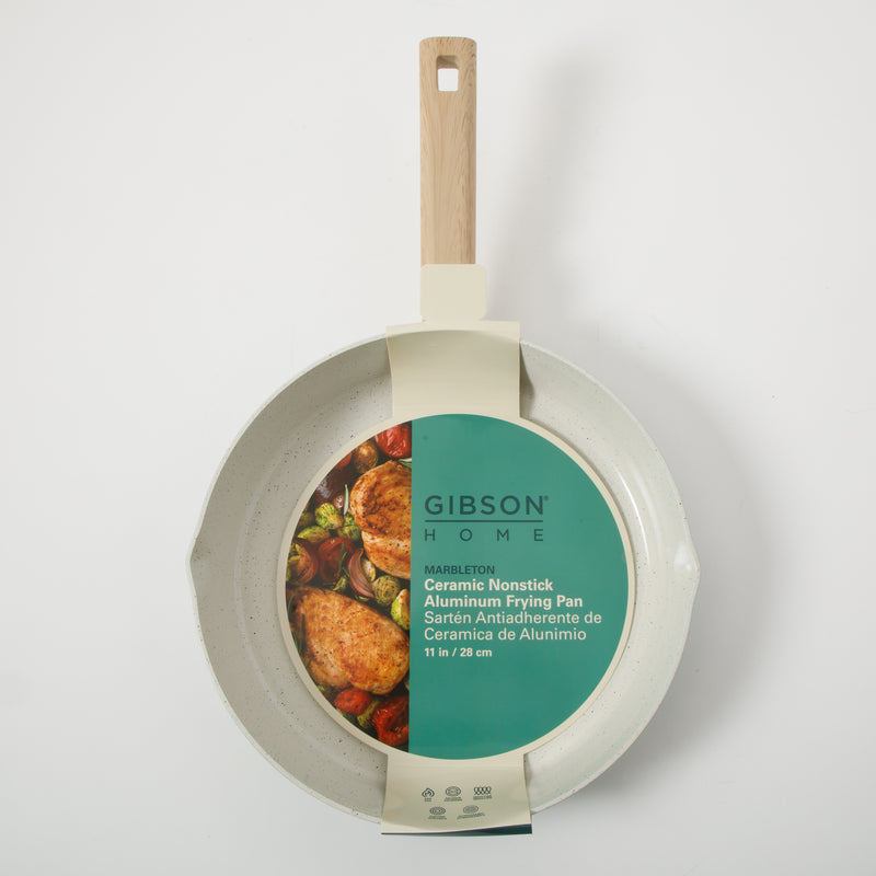 Gibson Home Marbleton 11" Aluminum Frying Pan - Ceramic Speckle Interior - Wood Look Handle - Color Sleeve