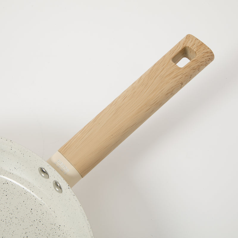 Gibson Home Marbleton 11" Aluminum Frying Pan - Ceramic Speckle Interior - Wood Look Handle - Color Sleeve