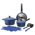 Oster Amberton 10pc Cast Aluminum Cookware Set w/ Kitchen Tools & Felts - Blue - Black Nonstick Interior - Induction Base - Gift Box