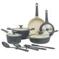 Oster Rooney 12pc Cast Aluminum Cookware Set - Linen Ceramic Interior - Induction - Soft Touch Handle - Gift Box