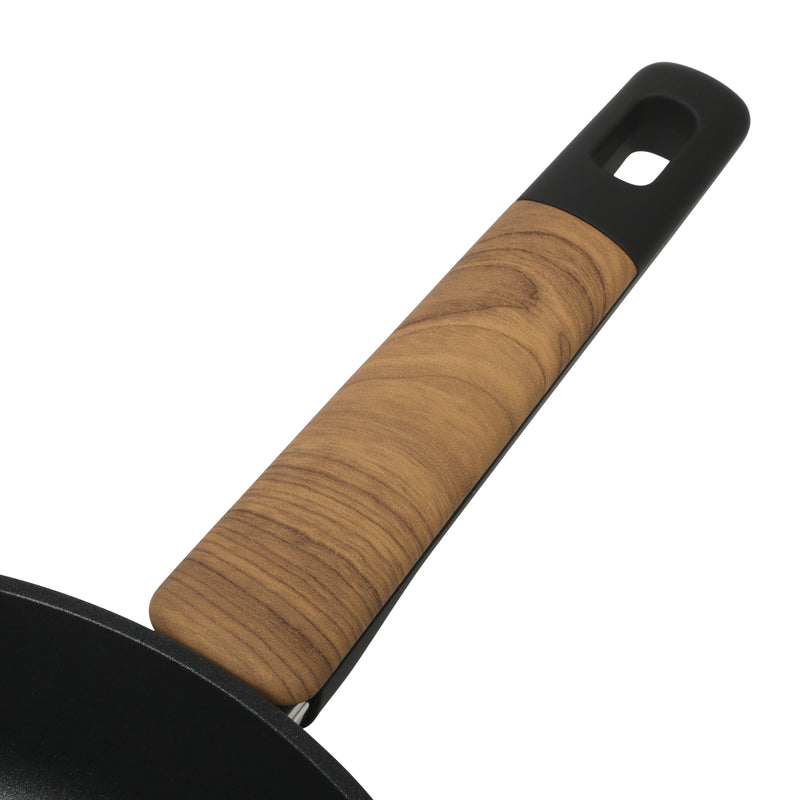 Oster Oxburg 12" Aluminum Frying Pan - Matte Black - Nonstick Interior - Induction Base - Black 2 Tone Soft Touch Wooden Handle - Color Sleeve