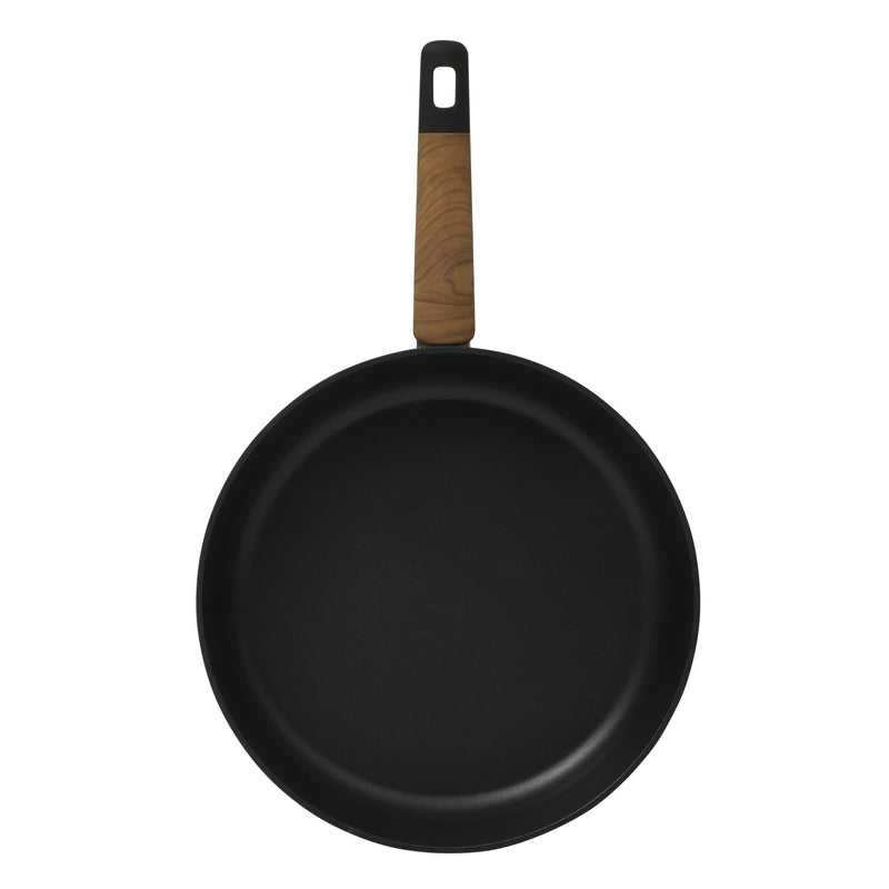 Oster Oxburg 12" Aluminum Frying Pan - Matte Black - Nonstick Interior - Induction Base - Black 2 Tone Soft Touch Wooden Handle - Color Sleeve