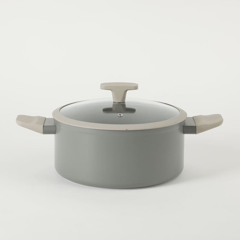 Oster Ambrose 5qt Forged Aluminum Dutch Oven w/ Silicone Rim Glass Lid - Taupe - Nonstick Interior - Induction Base - Soft Touch Handle - Color Sleeve