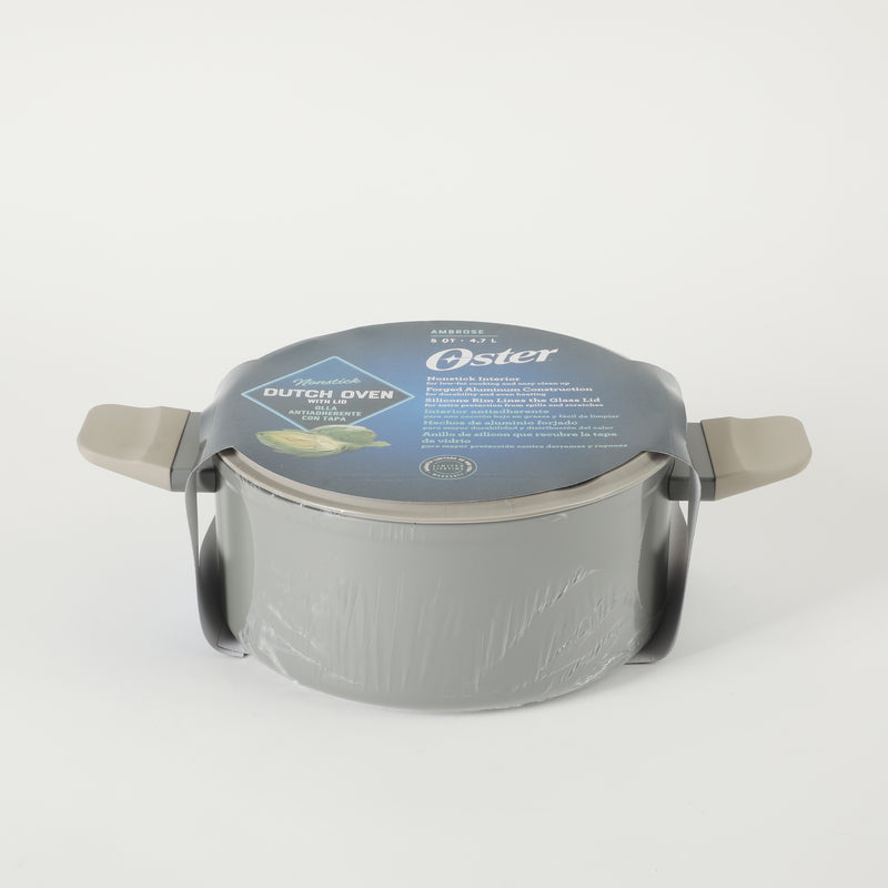 Oster Ambrose 5qt Forged Aluminum Dutch Oven w/ Silicone Rim Glass Lid - Taupe - Nonstick Interior - Induction Base - Soft Touch Handle - Color Sleeve