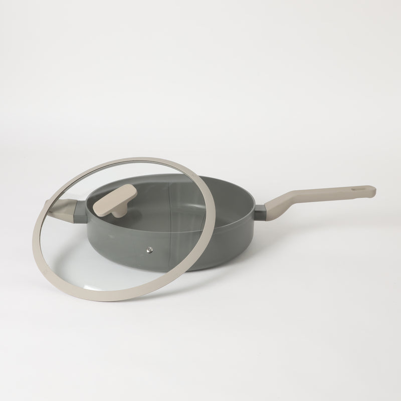 Oster Ambrose Forged 4.5" Aluminum Sauté Pan w/Silicon Rim Glass Lid - Taupe - Nonstick - Induction Base - Soft Touch Handle - Color Sleeve