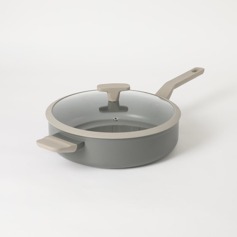Oster Ambrose Forged 4.5" Aluminum Sauté Pan w/Silicon Rim Glass Lid - Taupe - Nonstick - Induction Base - Soft Touch Handle - Color Sleeve