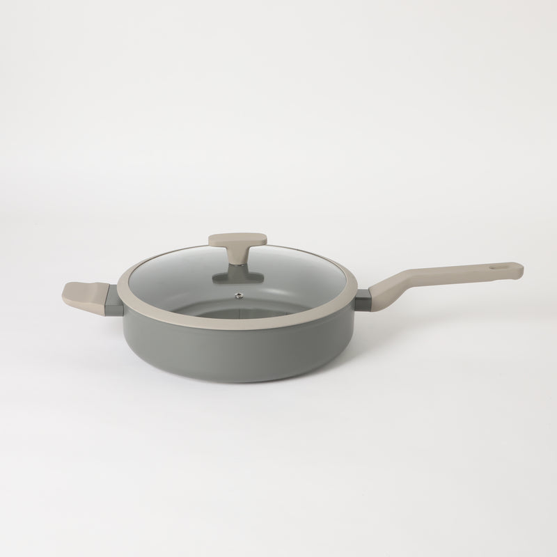 Oster Ambrose Forged 4.5" Aluminum Sauté Pan w/Silicon Rim Glass Lid - Taupe - Nonstick - Induction Base - Soft Touch Handle - Color Sleeve