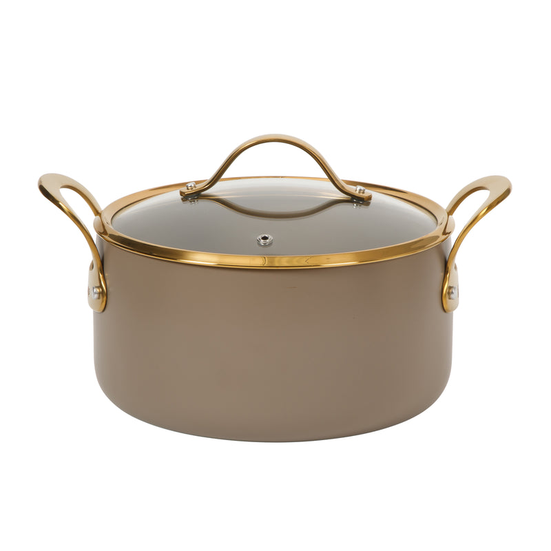 Bloomhouse 8pc Aluminum Cookware Set - Cappuccino - Taupe Ceramic Non-Stick Interior - Gold PVD Stainless Steel Rim Glass Lid - Induction - Cast Stainless Steel Gold PVD Handle - Gift Box w/ Remailer