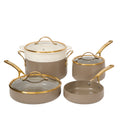 Bloomhouse 8pc Aluminum Cookware Set - Cappuccino - Taupe Ceramic Non-Stick Interior - Gold PVD Stainless Steel Rim Glass Lid - Induction - Cast Stainless Steel Gold PVD Handle - Gift Box w/ Remailer