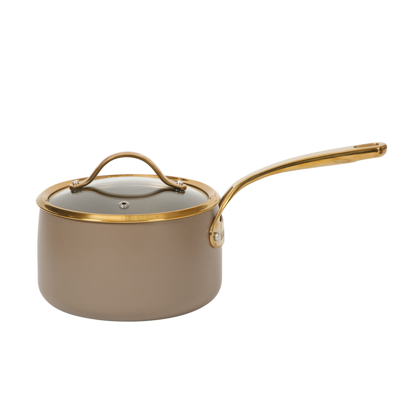 Bloomhouse 8pc Aluminum Cookware Set - Cappuccino - Taupe Ceramic Non-Stick Interior - Gold PVD Stainless Steel Rim Glass Lid - Induction - Cast Stainless Steel Gold PVD Handle - Gift Box w/ Remailer