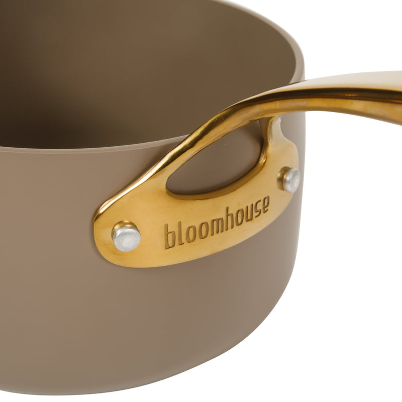 Bloomhouse 8pc Aluminum Cookware Set - Cappuccino - Taupe Ceramic Non-Stick Interior - Gold PVD Stainless Steel Rim Glass Lid - Induction - Cast Stainless Steel Gold PVD Handle - Gift Box w/ Remailer