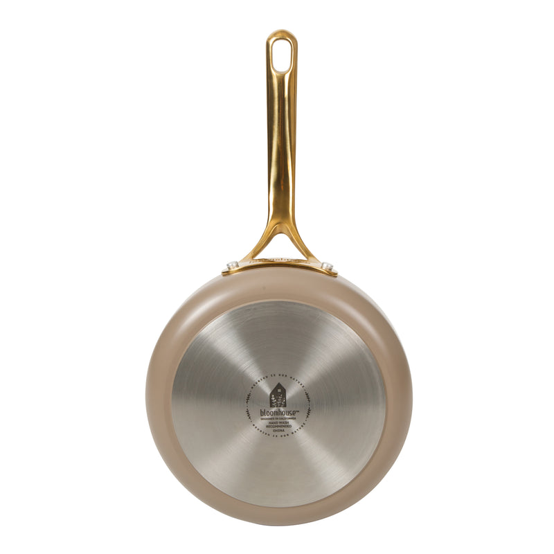 Bloomhouse 8" Aluminum Frying Pan - Cappuccino - Taupe Ceramic Non-Stick Interior - Induction - Cast Stainless Steel Gold PVD Handle - Gift Box w/ Remailer