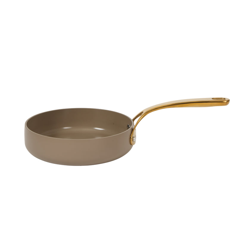 Bloomhouse 8" Aluminum Frying Pan - Cappuccino - Taupe Ceramic Non-Stick Interior - Induction - Cast Stainless Steel Gold PVD Handle - Gift Box w/ Remailer