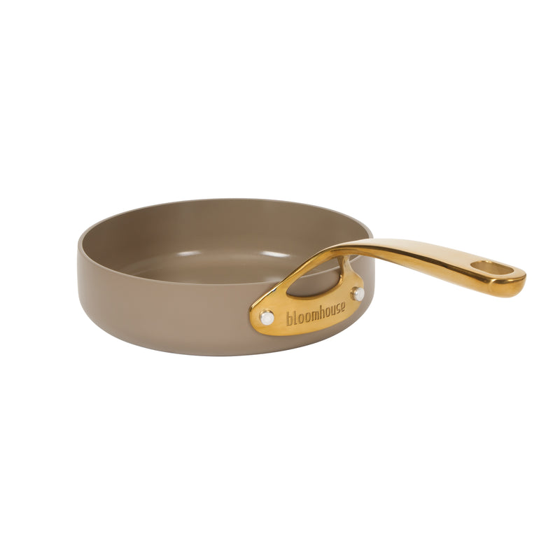 Bloomhouse 8" Aluminum Frying Pan - Cappuccino - Taupe Ceramic Non-Stick Interior - Induction - Cast Stainless Steel Gold PVD Handle - Gift Box w/ Remailer