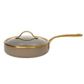 Bloomhouse 10" Aluminum Frying Pan w/ Lid- Cappuccino - Taupe Ceramic Non-Stick Interior - Induction - Cast Stainless Steel Gold PVD Handle - Gift Box w/ Remailer