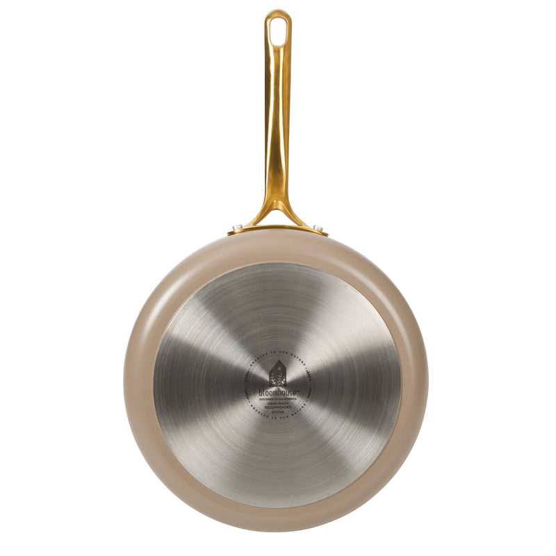 Bloomhouse 10" Aluminum Frying Pan w/ Lid- Cappuccino - Taupe Ceramic Non-Stick Interior - Induction - Cast Stainless Steel Gold PVD Handle - Gift Box w/ Remailer