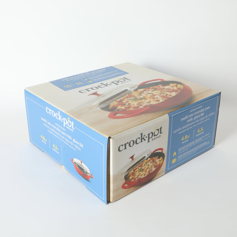 Crock-Pot Artisan Studio 4.8qt (12") Enamel Cast Iron Everyday Pan w/ Borosilicate Lid & Red Coated Knob - Gradient Red - Round - Gift Box w/ Remailer