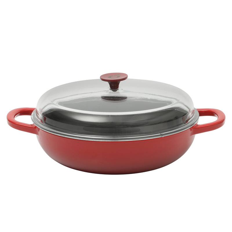 Crock-Pot Artisan Studio 4.8qt (12") Enamel Cast Iron Everyday Pan w/ Borosilicate Lid & Red Coated Knob - Gradient Red - Round - Gift Box w/ Remailer