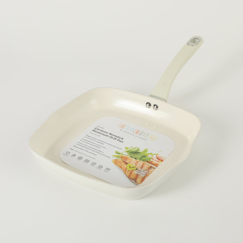 Martha Stewart Everyday Rexford 10" Forged Aluminum Grill Pan - Ceramic Nonstick Interior - Induction Base - Soft Touch Handle -Color Label: Linen