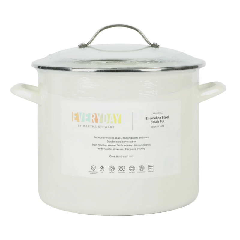 Martha Stewart Everyday Haverhill 12 qt Enamel on Steel Stock Pot w/ Lid - Linen - Enamel Exterior - Stainless Steel Handle - Color Label