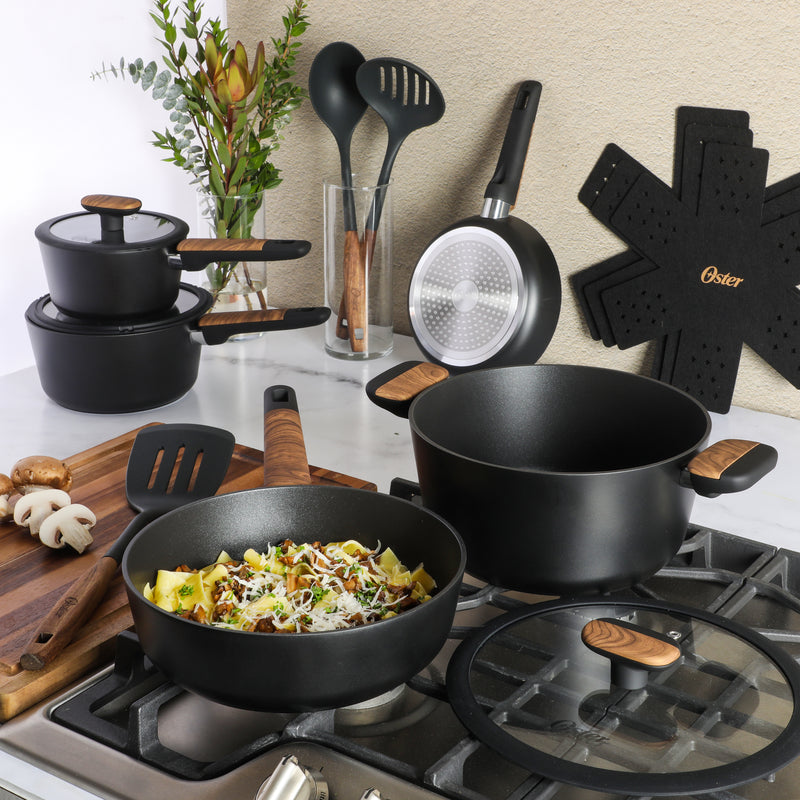 Oster Oxburg 14pc Aluminum Cookware Combo Set - Matte Black - Nonstick Interior - Induction Base - Black 2 Tone Soft Touch Wooden Handle - Gift Box w/ Remailer
