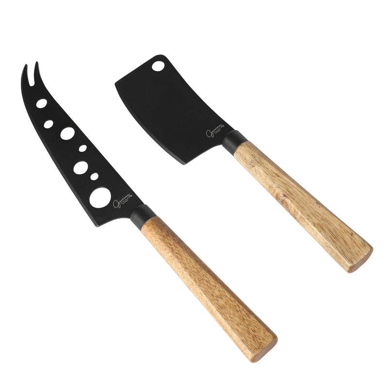 Gibson Elite Gracious Dining 2pc Cheese Knives w/ Leather Hang Rope Serving Board - Matte Black Coated Stainless Steel Blade - Acacia Handle - Clam Pack w/ Window Box