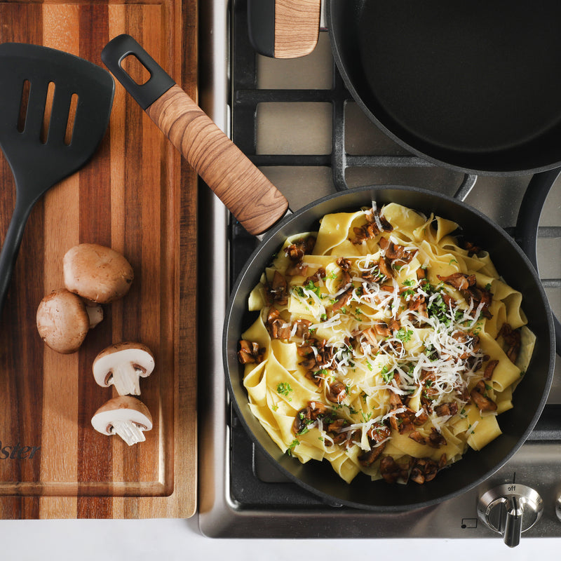 Oster Oxburg 14pc Aluminum Cookware Combo Set - Matte Black - Nonstick Interior - Induction Base - Black 2 Tone Soft Touch Wooden Handle - Gift Box w/ Remailer