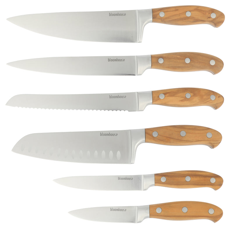 Bloomhouse 7pc German Steel Cutlery Set w/ Wood Block - Olive Wood Forged Handle - Stainless Steel - Gift Box w/ Remailer