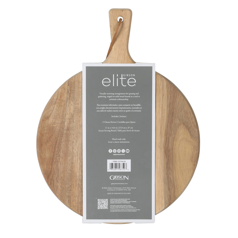 Gibson Elite Gracious Dining 2pc Cheese Knives w/ Leather Hang Rope Serving Board - Matte Black Coated Stainless Steel Blade - Acacia Handle - Clam Pack w/ Window Box