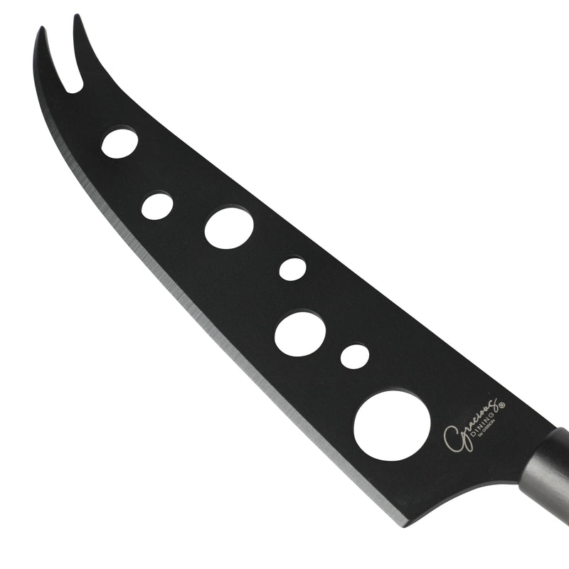 Gibson Elite Gracious Dining 2pc Cheese Knives w/ Leather Hang Rope Serving Board - Matte Black Coated Stainless Steel Blade - Acacia Handle - Clam Pack w/ Window Box