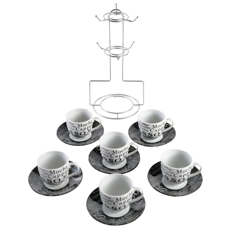 Gibson Home Espresso Expressions 12pc 2.7oz Espresso Cup & Saucer Set w/ Metal Caddy - White/Black - Gift Box
