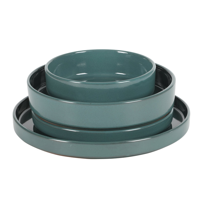Bloomhouse Santorini Mist 16pc Terracotta Double Bowl Dinnerware Set - Reactive Glaze - Gift Box w/ Remailer