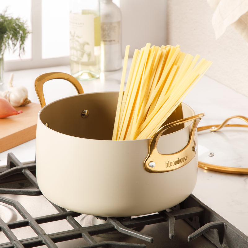 Bloomhouse 6qt Aluminum Dutch Oven w/ Lid - Linen - Taupe Ceramic Interior - Nonstick - Induction - Cast Stainless Steel Gold PVD Handle - Gift Box w/ Remailer